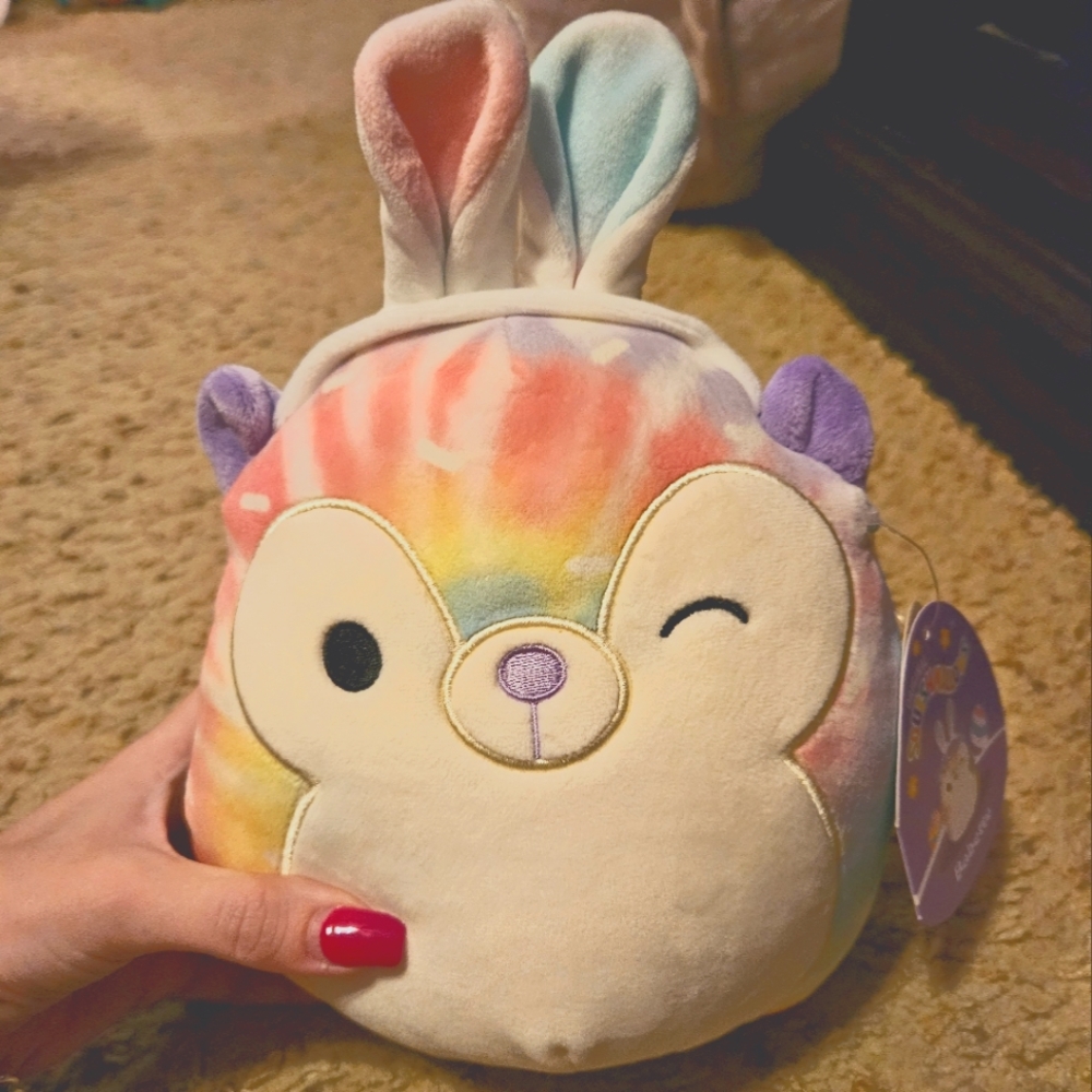 NWT Squishmallow Babette The Hedgehog wearing Easter Bunny Ears🐰Rainbow Tie-dye
